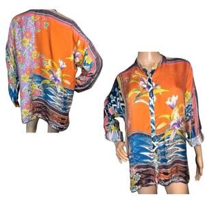 JOHNNY WAS Allie Silk Button Down Blouse Oversized Tunic BOHO Floral XS Fits L